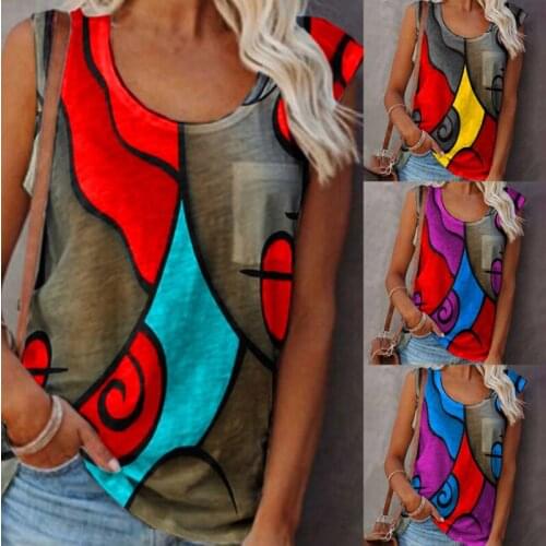 Vintage T Shirt Tops Women Sleeveless Summer O Neck T Shirts Casual Patchwork Harajuku Elegant Pullover Tops