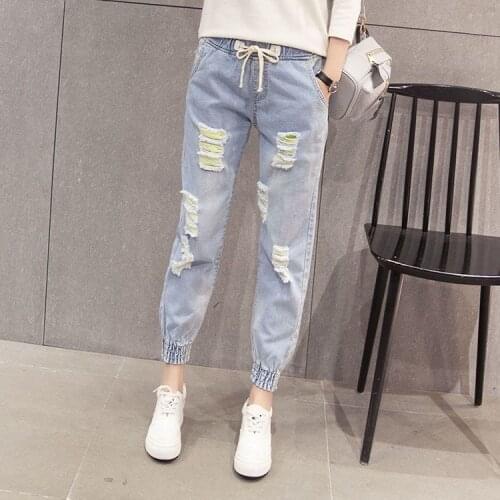 Woman Jeans Pants Large Size Ripped Leisure Autumn Elastic Waist Loose Pants Pantalones Vaqueros Mujer