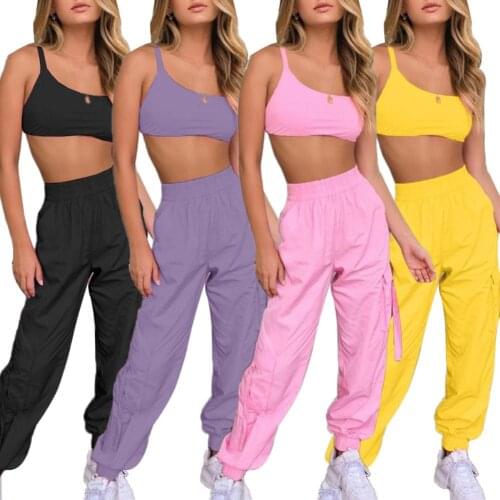 Women Sexy Backless Bandage Crop Top Camisole Pockets Long Cargo Pants Outfits Backless Bandage Elastic Women Sets with Pockets
