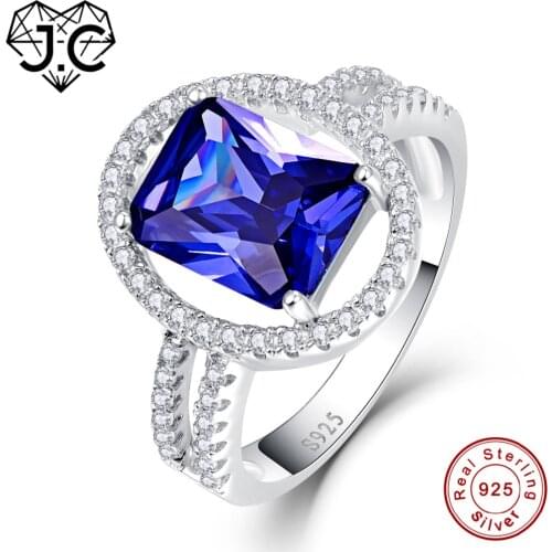 J.C Emerald Cut Blue & Tanzanite White Topaz Solid 925 Sterling Silver Ring Size 6 7 8 9 Female Bridal Wedding Fine Jewelry Gift