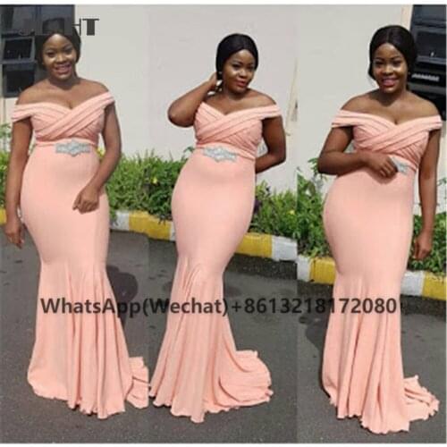 African Off the Shoulder Bridesmaid Dresses Long Short Sleeves Sashes Pleat Maid of honor gowns Lace Up Back Wedding Party Dress