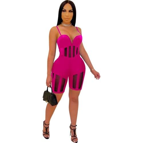 Active Solid Body Sheer Mesh Playsuit Jumpsuit Women Sexy Patchwork See Through V Neck Shorts Bodycon Club Party Jumpsuit Romper