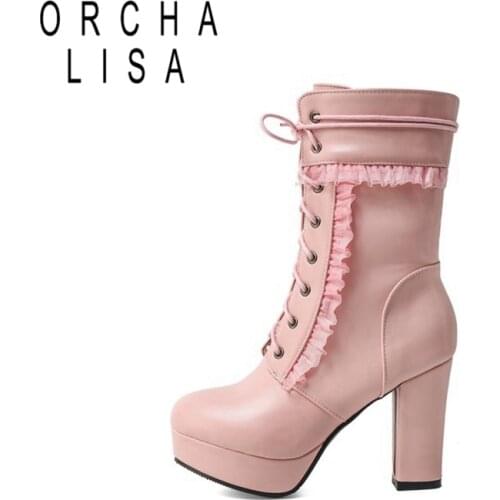 ORCHALISA Autumn Winter Mid-Calf boots Round toe Square heels PU Zipper Cross-tied Lace Big size 34-48 Pink Apricot Casual C2028