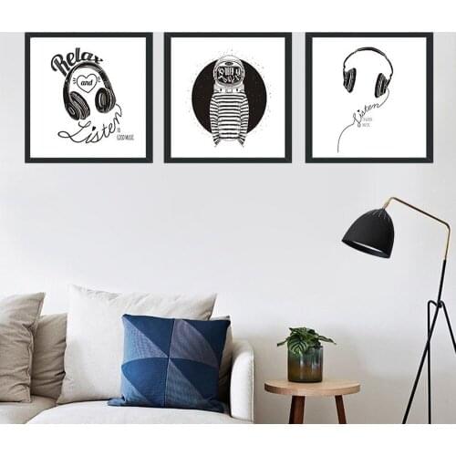 Black White Cartoon Headphones Canvas Painting Relax And Listen To GOOD MUSIC Wall Art Poster Cuadros Decoracion Dormitorio