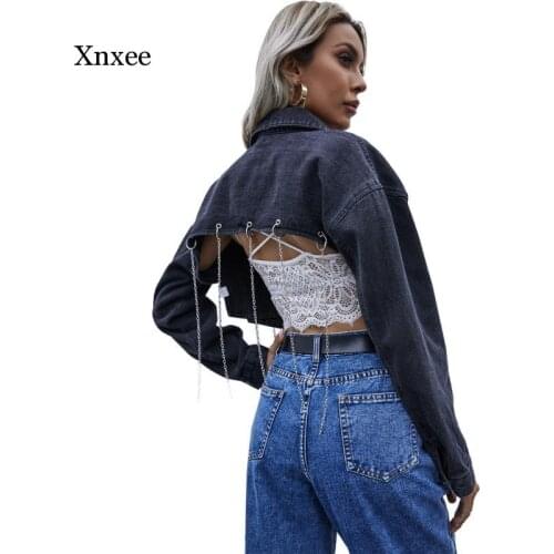 Turn-Down Collar Chain Buttons Backless Crop Top Denim Jacket Women Spring Long Sleeve Casual Streetwear Ladies Jeans Coats