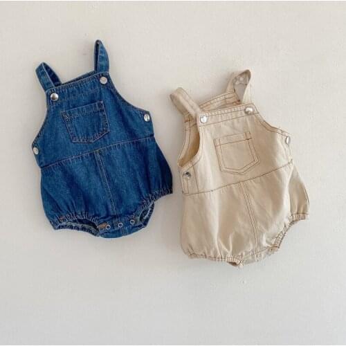2021 0-24M Newborn Boy Girl Denim Romper Infant Solid Color Jumpsuit Sleeveless Crotch Button Pocket One-piece Garment for Baby