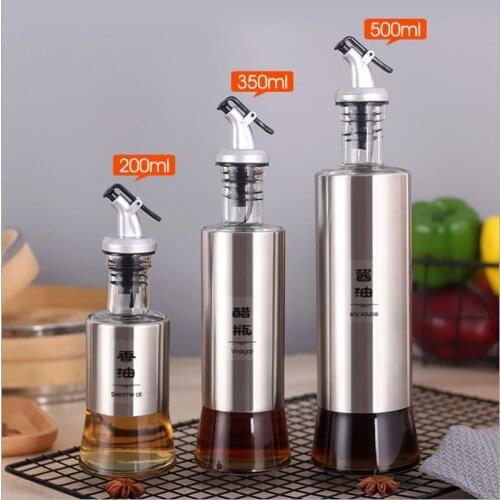 Kitchen Stainless Steel Leak-proof Oiler Oil Salt Sauce Vinegar Seasoning Bottle Household European Glass Cooking Wine Bottle
