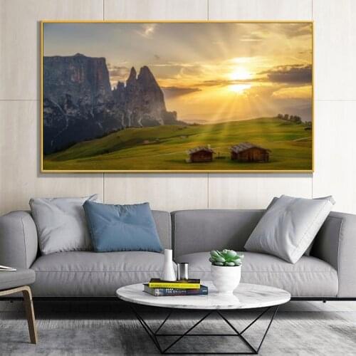 HD Prints Italy Grasslands Houses Mountain Landscape Art Painting Canvas Printed Wall Art Prints Poster for Living Room Decor