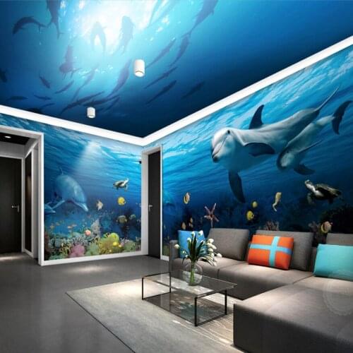 Custom Papel Fishes Sea World 3d Wall Ceiling Mural Wallpaper for Living room 3d photo mural wallcoverings 3d ceiling murals