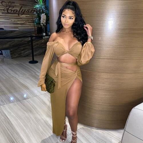 Colysmo Autumn Two Piece Set Women Long Lantern Sleeve Sexy Low Out Tie Up Crop Top Split Long Skirts Party 2 Piece Clothes 2020