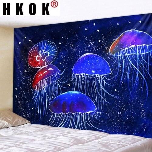 HKOK Ocean Animals Jellyfish Tapestry Hanging Covering Rugs Background Cloth Beach Mat Blanket Art Bedroom Living Room Home Deco