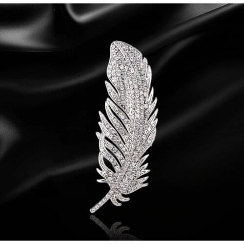 Crystal Feather Brooch Clear Rhinestone Wedding Bouquet Decoration Jewelry Beautiful Brooches Pins Gift