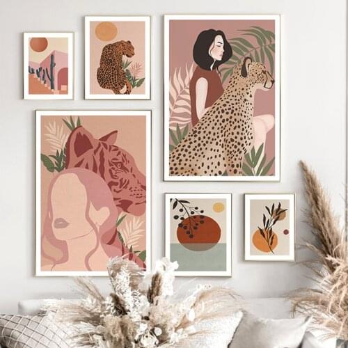 Leopard Tiger Moroccan Girl Cactus Sun Tropical Beach Posters And Prints Wall Art Canvas Painting Pictures For Living Room Decor