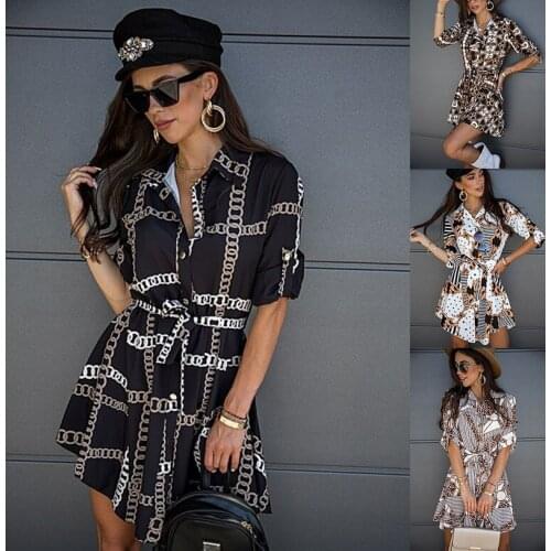 2021 Autumn/Winter New Printed Shirt Skirt Fashion Tie Dress Plus Size Womens Clothing