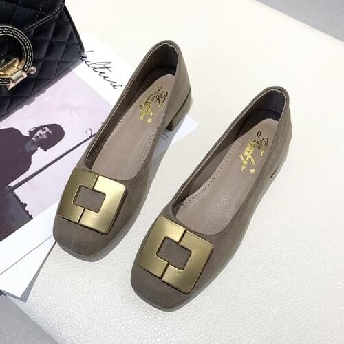 New 2020 Spring Fashion Womens Square Toe Metal Buckle Flat Shoes Soft Leather Shallow Mouth Woman Ballet Flats Loafe U19-43