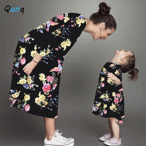 Qunq Mother and Daughter Dress Long Sleeve Spring Fall Family Matching Outfits Flower O-neck Casual Women Girls Dresses