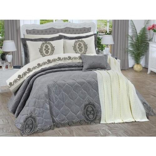 Sapphire Luxury Velvet Quilted 11 Piece set the Bride Set Gray