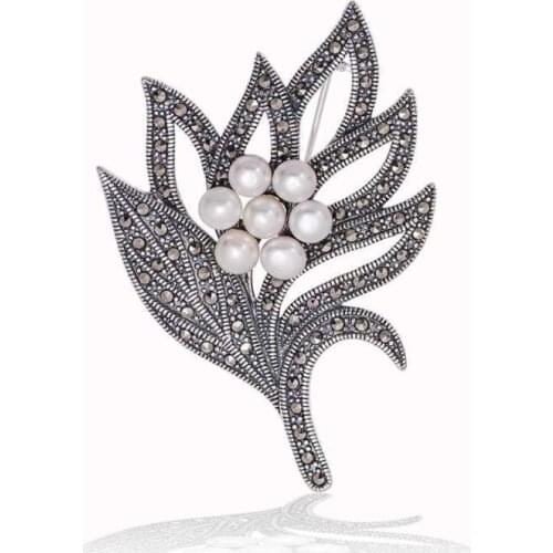Tevuli 925 Sterling Silver Marcasite Cubic Zirconia Leaf Pearl Brooch