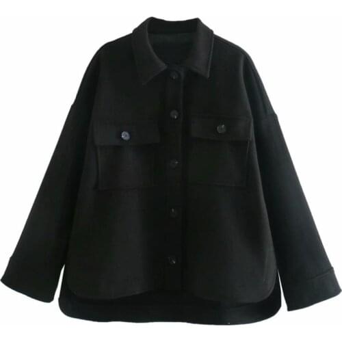 2021 New Woman Black Woolen Shirt Jacket Single Breasted Coat Loose Oversize Outwear Streetwear