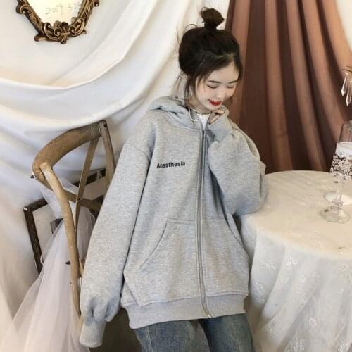 Women Zip-up Korean Style Hoodies Sweatshirt Vintage Letter Print Long Sleeve Loose Tops 2021 New Casual Student All-match Coats