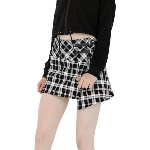 England Punk Womens Skirts Vintage Plaid A Line Irregular Split Skirts with PU Leather Buckle FemaleCasual Skirts New Ins