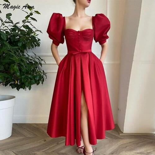 Magic Awn Vintage Red Prom Dresses 2021 Short Puffy Sleeves Front Split Ankle-Length 50s Graduation Party Gowns Evening Wear