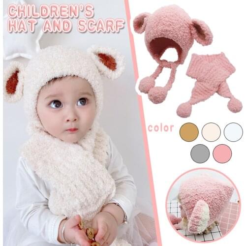 2PCS Toddler Baby Girls Boys Cartoon Solid Color Winter Warm Knitted Cap+Scarf Keep Warm Set For 3 Months-3 Years Old шляпа