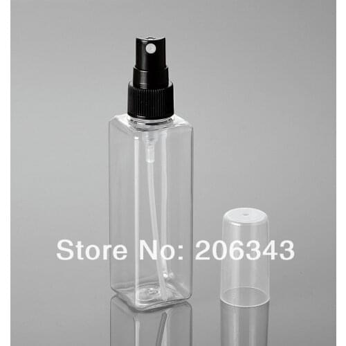 100ml TRANSPARENT SQUARE PET BOTTLE or blue toilet water bottle or spray bottle with black mist pump
