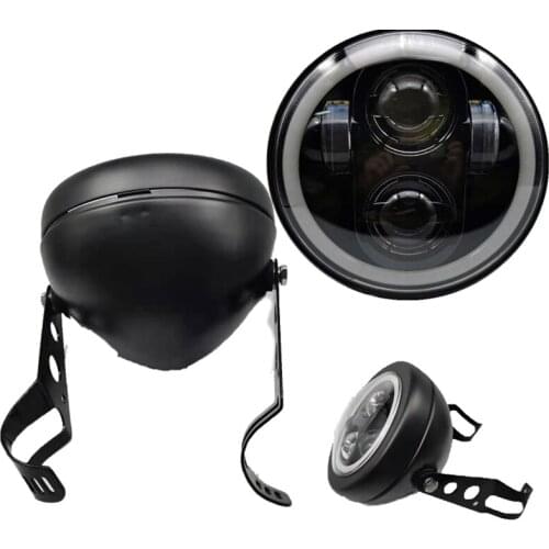 5.75'' Black DRL LED Motorcycle Headlight 5-3/4 Headlamp Housing Bucket Fork Clamp Holder for Kawasaki Honda Suzuki Sportster