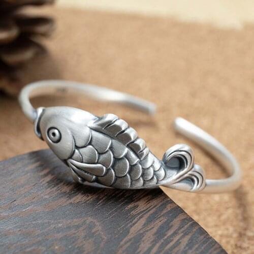 999 full silver bracelet carved small fish bracelet children retro opening ethnic fashion joker carp bracelet