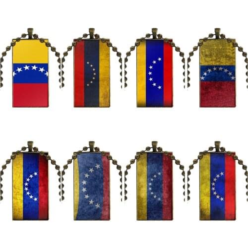 Bronze Color Glass Cabochon With Rectangle Shaped Pendant Choker Necklace For Women Party Flag Of Venezuela Vintage