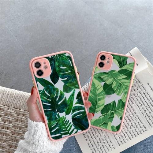 Green leaf Phone Case For iPhone 12 11 Mini Pro XR XS Max 7 8 Plus X Matte transparent Pink Back Cover