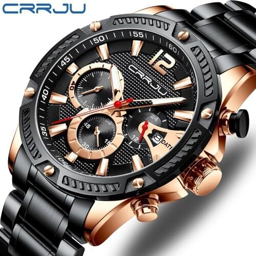 CRRJU New Sport Chronograph Men Watches Top Brand Luxury Full Steel Quartz Clock Waterproof Big Dial Watch Men Relogio Masculino