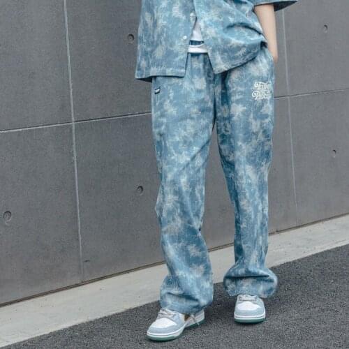 Snowflake Tie Dye Jeans Mens Spring and Autumn Loose Straight Cargo Denim Pants Retro Trend Casual Cowboys Trousers Couple Wear