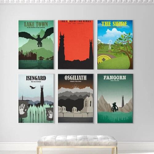 Canvas Painting Nordic Vintage Travel Poster Middle Earth The Shire Lake Town Illustration Landscape Art Wall Picture Home Decor