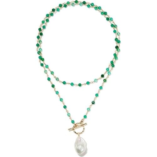 Lily Jewelry Choker Necklace 925 Sterling Silver Baroque Pearl Green Onyx Wire Warp Long Necklace for Women Birthday Gift