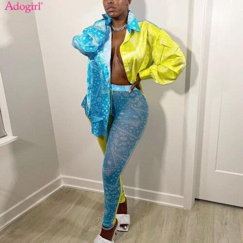 Adogirl Paisley Print Two Piece Sets Women Suit Long Sleeve Satin Shirt Top Sheer Mesh Pencil Pants Sexy Fashion Autumn Clothing