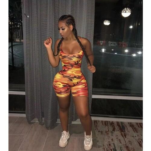 VAZN 2021 Summer Upsurge Camouflage Spaghetti Strap Sleeveless Young Sexy Soft Fashion High Waist Women Skinny Playsuits