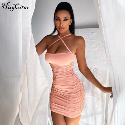 Hugcitar 2021 Sleeveless Ruched Sexy Mini Dress Summer Women Fashion Streetwear Outfits Solid Party Clothing