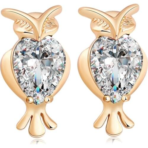Fashion Cute Crystal Owl Girls Stud Earrings For Women Vintage Gold-Color Animal Statement Earrings Free Shipping Wholesale