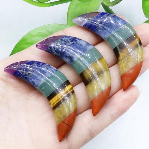 Fashion natural stone pendants 7 Chakra Layered moon shape no hole for jewelry making Wholesale 4pcs/lot free shipping