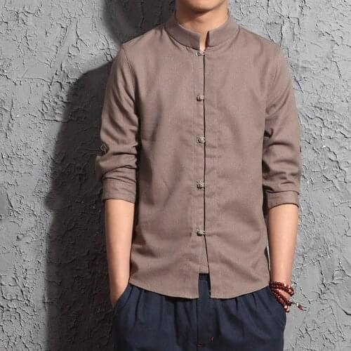 Summer Spring Mens 3/4 Sleeve White Black Slim Fit Linen Blouse , Shirt For Men , Male Chinese Style Mandarin Collar Shirts