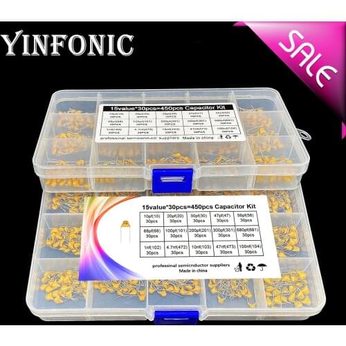 15 value 10pf-100nf (100-104) 30pcs each Commonly used 5.8mm 50V DIP Multilayer ceramic capacitor kit 450pcs