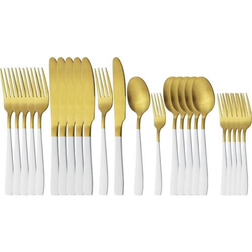 White Gold Dinnerware Stainless Steel Cutlery Set Knives Fork Spoons Dessert Fork Sliverware Kitchen Western Food Tableware Set