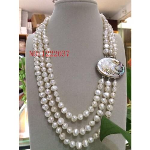 Natural freshwater cultured Baroque 20 "3row 8-9mm black White gray pink multicolor pearl shell necklace clasp