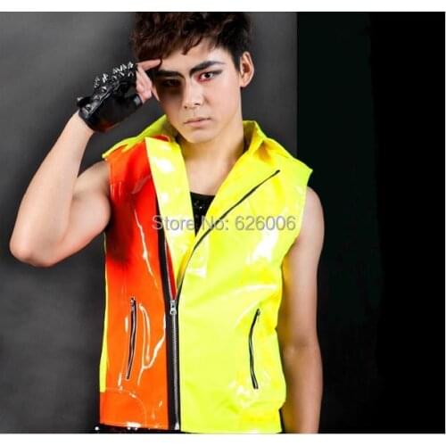 New style Fashion mens personalized neon color block motorcycle vest costumes Nightclub singer dancer performance outwear