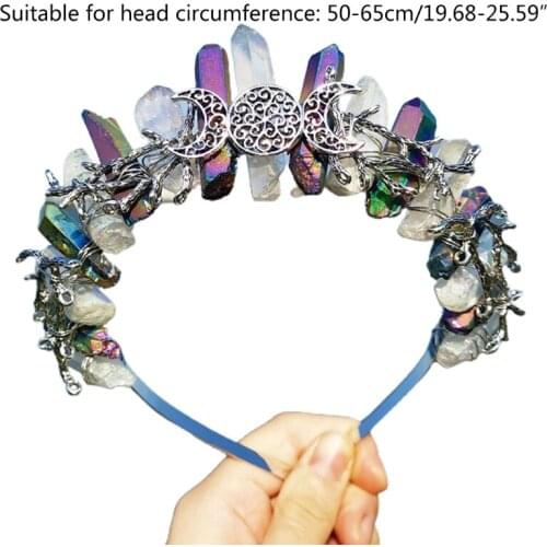 Rainbow Contrast Color Plating Raw Crystal Headband Antique Silver Branches Moon Hair Hoop Crown Wedding Tiara Headpiece