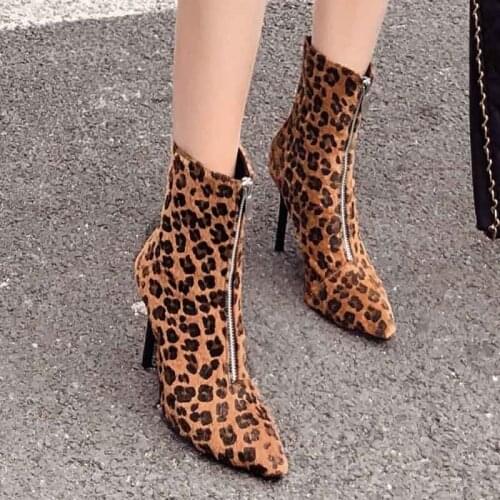 Autumn Winter Boots Fashion Leopard High Heels Ankle Boots Sexy Pumps Pointed Toe Wild Female Zipper Boots Martin boots