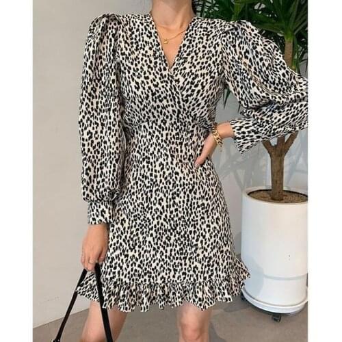 Korean Chic Vintage Fashion Leopard Dress Streeetwear V Neck High Waist Female Dresses Eleagnt Puff Sleeve Office Lady Dress