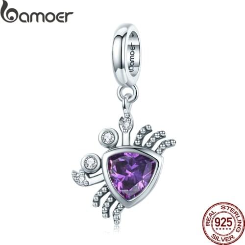 Bamoer Silver Lovely Crab Animal Purple Gem 925 Sterling Silver Charm Pendant for Original Bracelet Bangle Making Jewelry BSC458